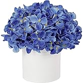 Blue Hydrangea Fake Flowers in Vase, Artificial Flowers with Ceramic Vase, Small Faux Potted Floral Arrangements for Home Bathroom Kitchen Office Coffee Table Wedding Party Centerpiece Decor & Gift
