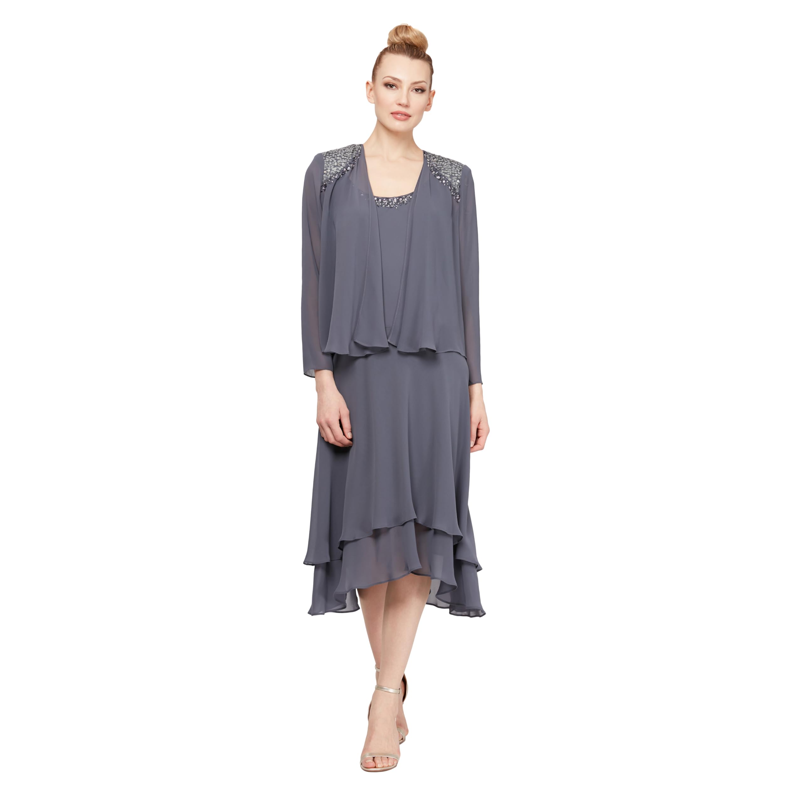S.L. Fashions Women’s Petite Mother of The Bride Dress with Embellished Neckline & Shoulder, Wedding Guest, Steel, 12P