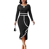 Women's Church Dresses Long Sleeve Work Business Party Dress Bodycon Vintage Wrap Ruffle Midi Pencil Dress