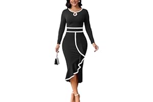 ZONJIE Women's Church Dresses Long Sleeve Work Business Party Dress Bodycon Vintage Wrap Ruffle Midi Pencil Dress