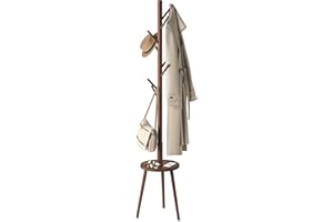 BMOSU Coat Rack freestanding Stand with Shelf Bamboo Wooden Coat Tree Easy Assembly 8 Hooks Standing Jackets Hanger Hallway Office Floor Coat Stand Brown