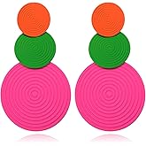 Retro 80s Neon Earrings Round Disc Dangle Drop Earrings for Women Lightweight Bohemia Statement Geometric Round Earring Fashion Accessories 80s Jewelry Costume Party