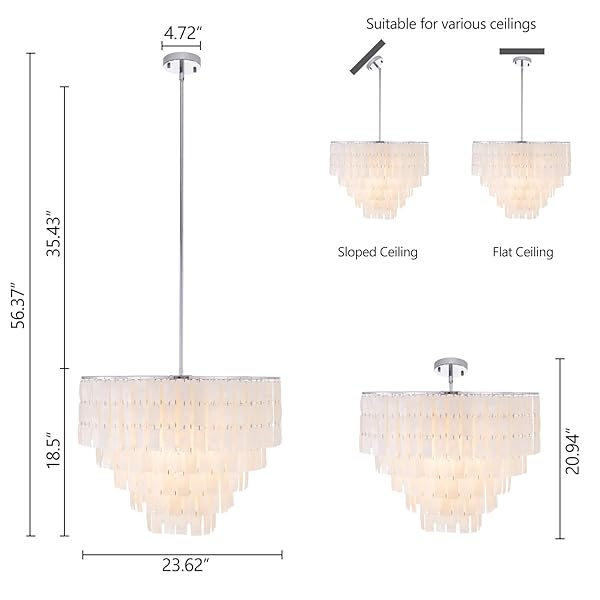 TOCHIC CAPIZ SHELL CHANDELIER, 6-LIGHT CHANDELIER FOR DINING ROOM, COASTAL CHANDELIER WITH NATURAL SHELLS, ROUND BOHO LIGHT FIXTURES FOR BEDROOM, LIVING ROOM, KITCHEN AND FOYER, CHROME, W-23.62″