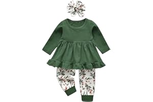 Elspilit 3PCS Toddler Baby Girl Clothes Infant Solid Color Long Sleeve Ruffle Tops Pants Headband Fall Winter Outfits Set