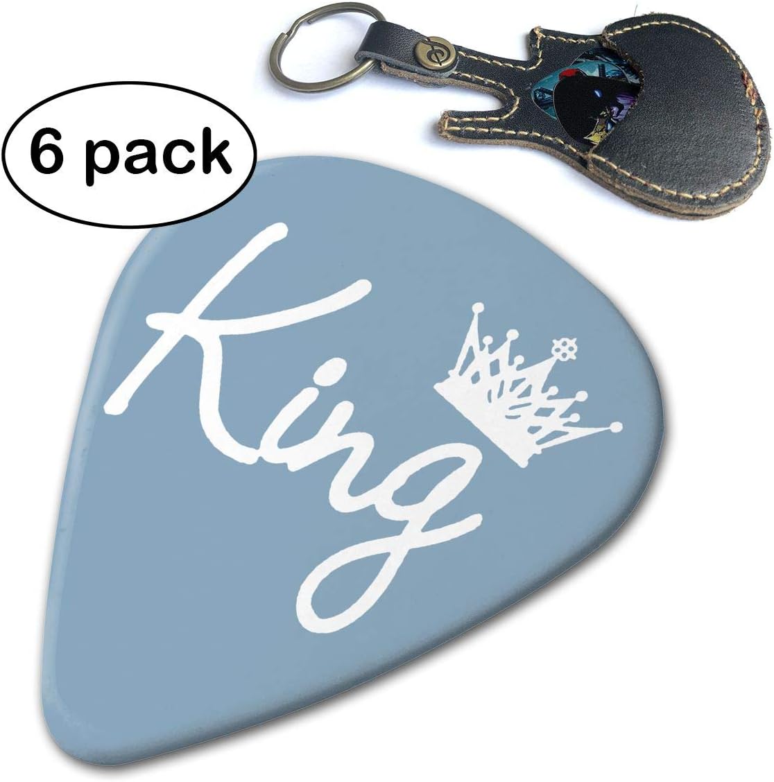 WB - Queen Crown 351 Shape Classic Guitar Picks (6 Pack) For Electric Guitar, Acoustic Guitar, Mandolin, And Bass. Gift Leather Key Chain Pick Holder (0.46mm, 0.71mm, 0.96mm)