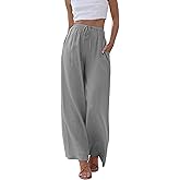 Himosyber Women Cotton Linen Pants Wide Leg High Waist Flowy Summer Beach Drawstring Pant Trouser