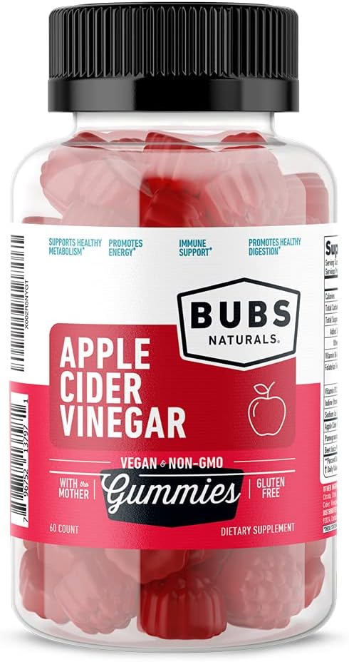 BUBS Naturals Apple Cider Vinegar Gummies - All Natural Vegan ACV Gummy Vitamins - Supports Weight Loss, Detox, Digestion - Promotes Energy, Boosts Metabolism, B Vitamins - 60 Count