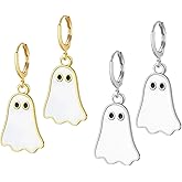 2 Pairs of Halloween Ghost Hoop Earrings for Women Gold and Silver Huggie Drop Earrings Cute Funny Holiday Earrings