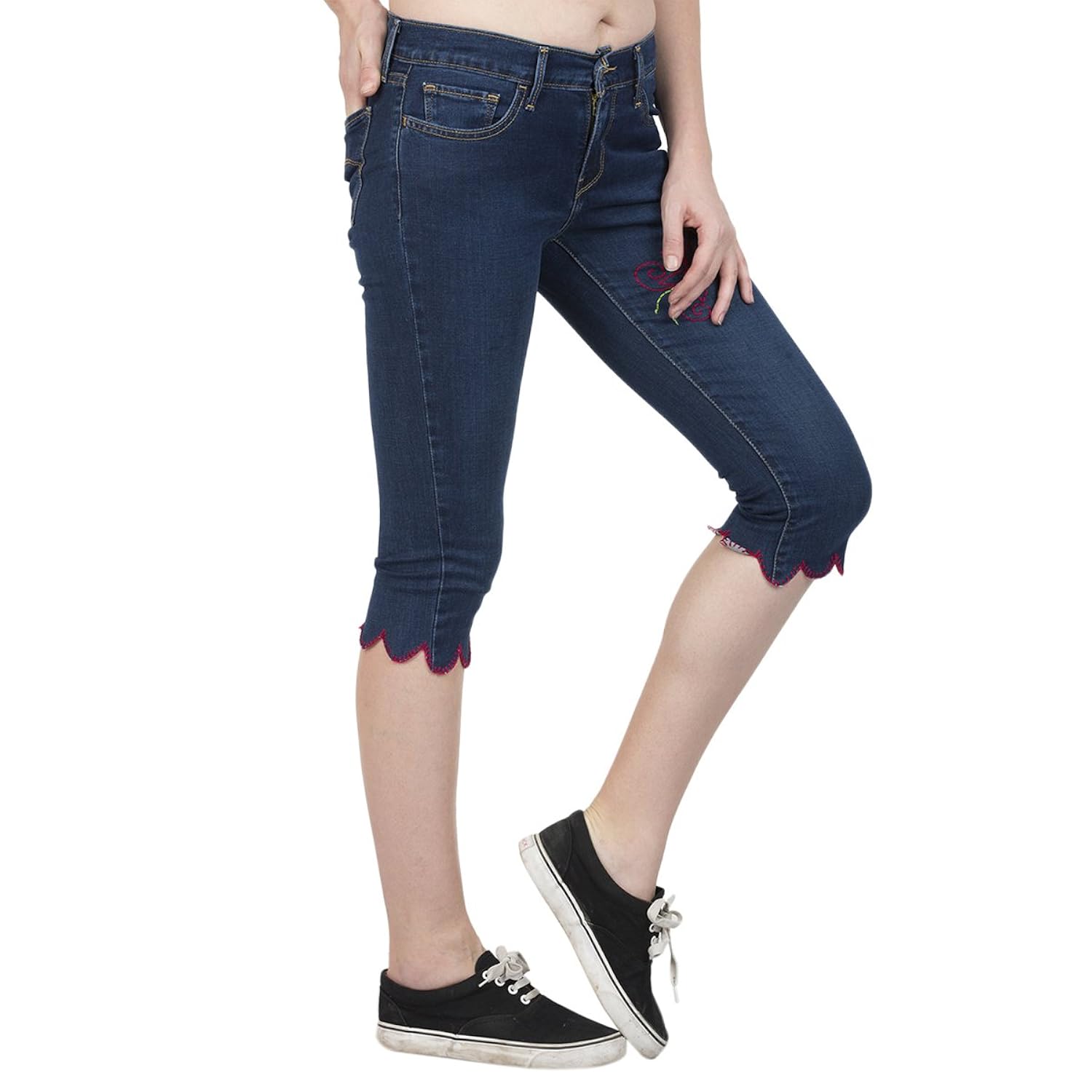 estrolo red piping embroidered blue women's capris