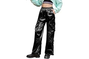 Perfashion Cargo Pants for Girls Hip Hop Dance Metallic Y2K Neon Drawstring Parachute Wide Leg Jogger 4-13Y