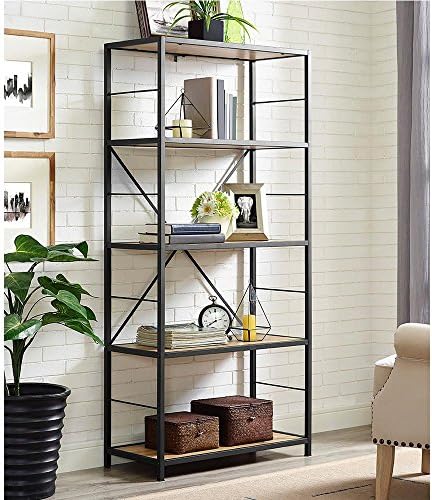 Walker Edison Furniture Company 60 in. Rustic Metal and Wood Media Bookshelf in Barnwood