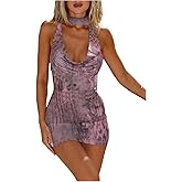 GORGLITTER Women's Leopard Print Rave Dress Draped Tie Halter Backless Party Night Out Mini Dresses with Neck Scarf