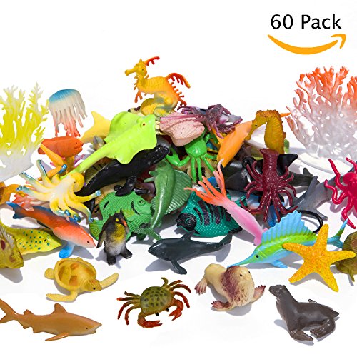 Ocean Sea Animals Figures, 60 Pack Mini Plastic Deep Underwater Life Creatures Set, STEM Educational Shower Bath Toys Gift for Baby Toddler Cupcake Toppers Party Supplies with Turtle Octopus Shark