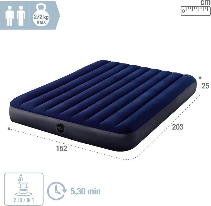 Dura-Beam Camping Matratze für 2 Person inkl. Luftpumpe & 2 Kopfkissen aufblasbar Luftbett 203 x 152 x 25 cm max. 272KG – Gästebett aufblasbares Bett Campingbett & Pumpe, Fiber-Tech (64765)