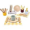 Pillowhale Wooden Toy Plates and Dishes Set,Play Kitchen Cutlery and Plate Set,21Piece Kids Kitchen Playset Accessories for Toddlers Boys Girls Ages 3+