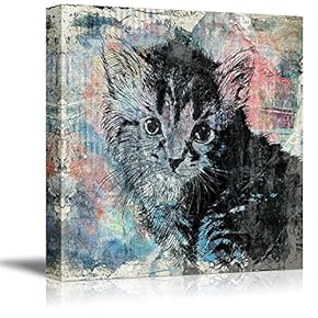 Square Cat Series Canvas Wall Art - A Little Kitty on Colorful Grunge Background - Giclee Print Gallery Wrap Modern Home Art Ready to Hang - 12x12 inches
