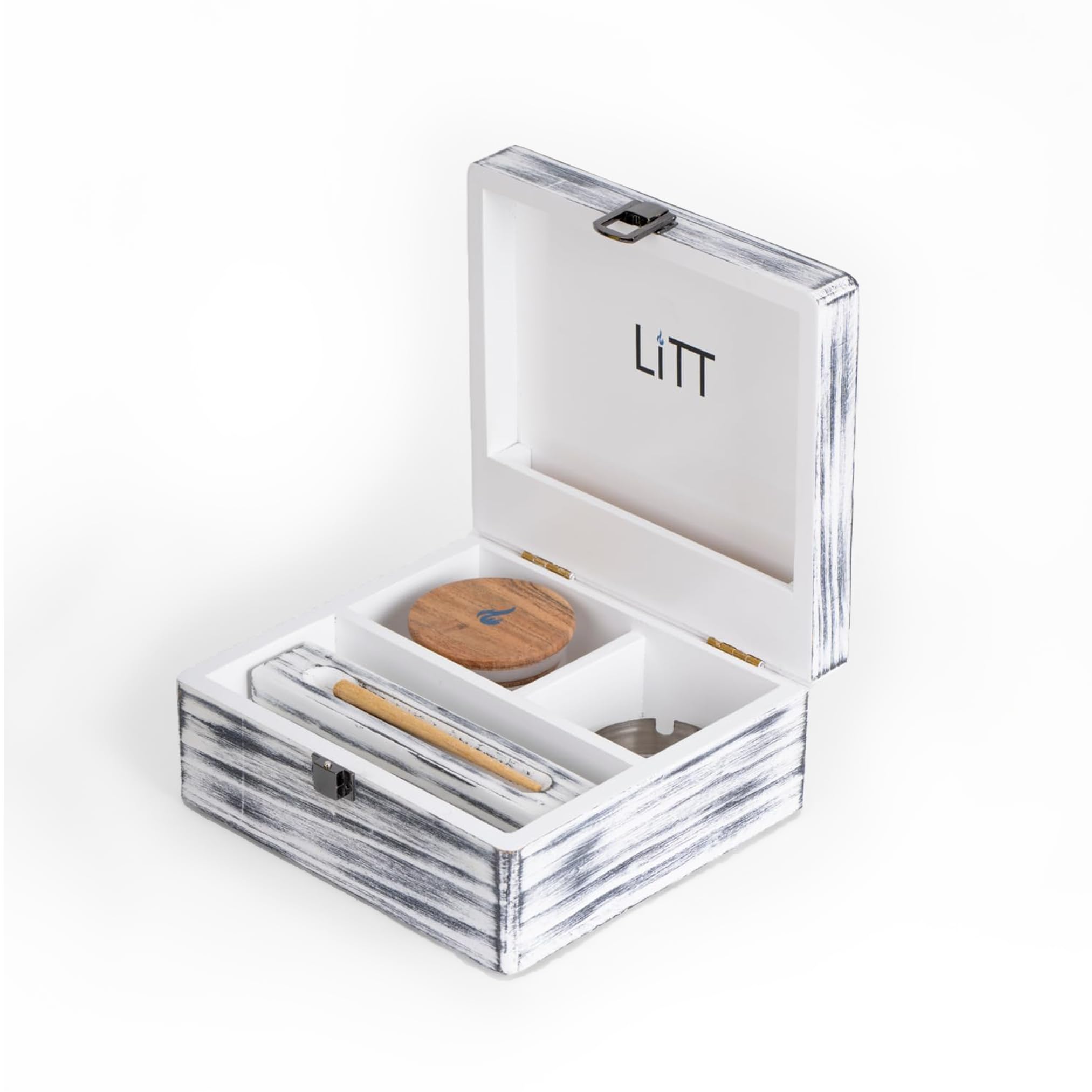 LITT Small Stash Box – Premium Wooden Storage Organiser with Lock, Airtight Smell-Proof Container, Resealable Mylar Bags, Rolling Tray & More – Grey Colour