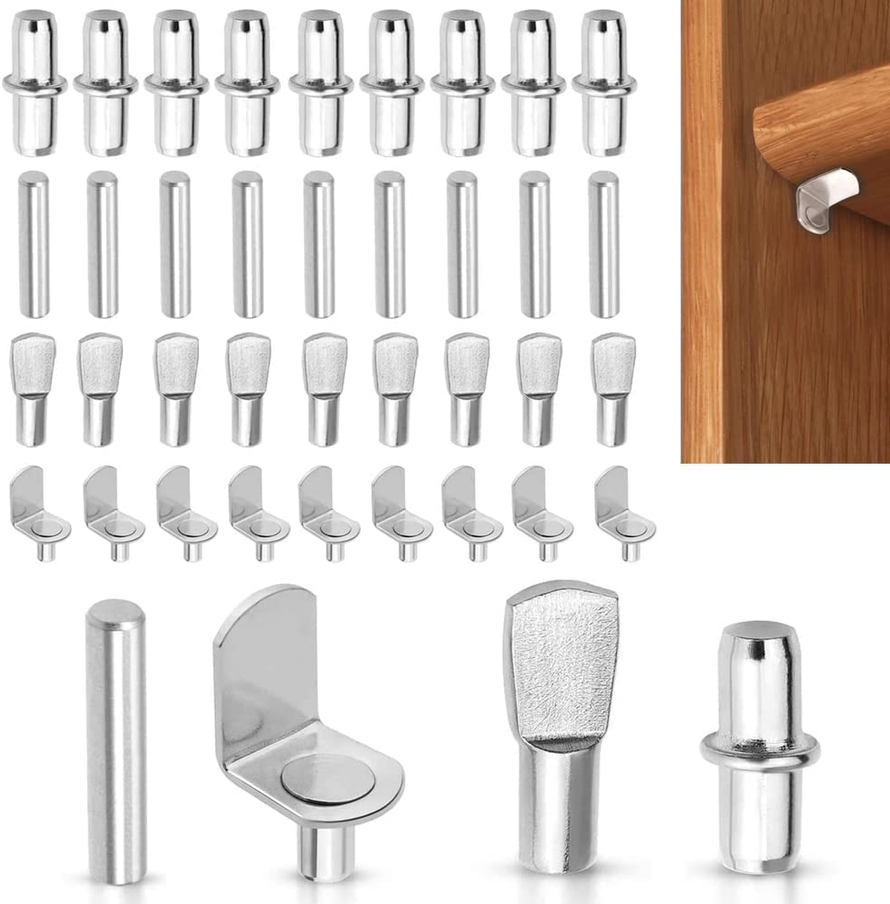 120 Pieces Shelf Bracket Pegs, L Shape Metal Shelf Pegs, Stud Pegs Shelf Bracket, Nickel Shelf Support Pegs, Durable Metal Furniture Shelf Pins Kit, for Cabinet, Furniture, Shelf Bookcase (4 Style)