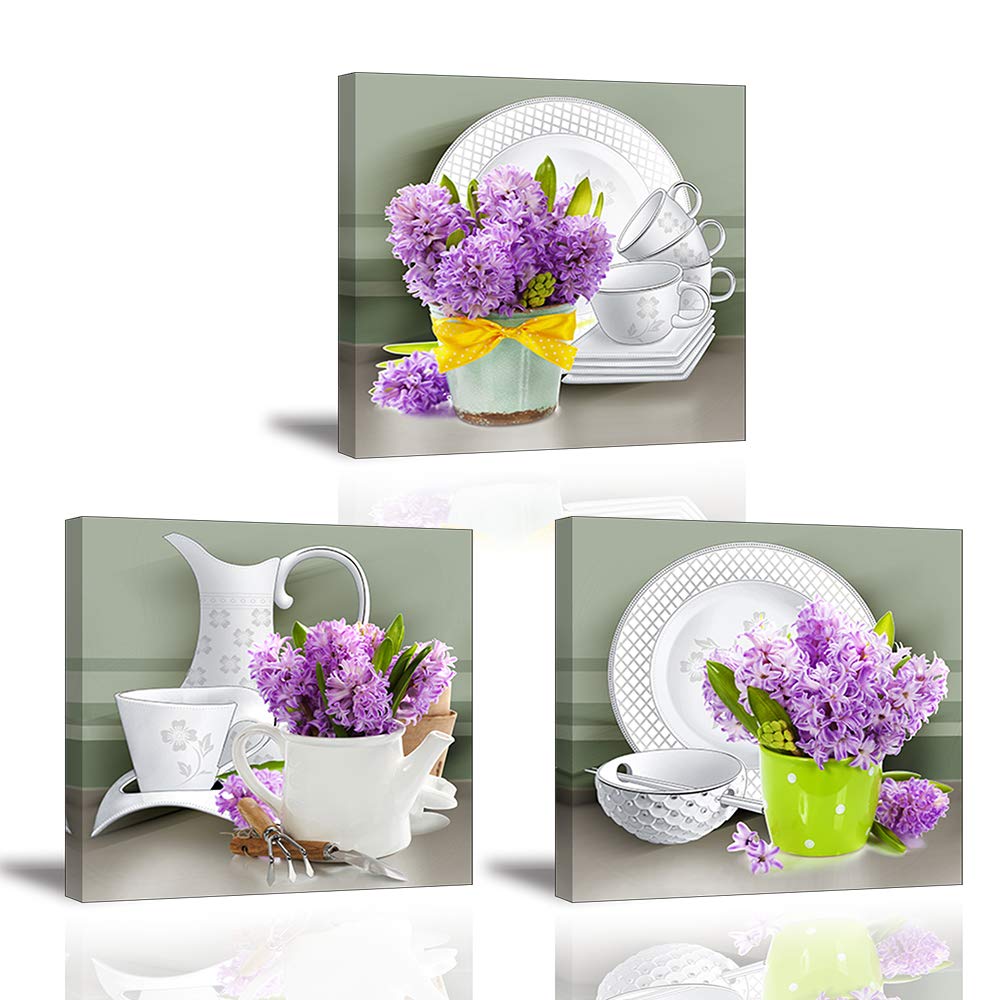 Flower Wall Art Paintings, PIY painting 3 Panel Elegant Purple Hyacinthus orientalis Canvas painting - Prints on Canvas Pictures with Frame Ready Hang Decorative Arts for Bedroom Birthday Gift 30x30CM