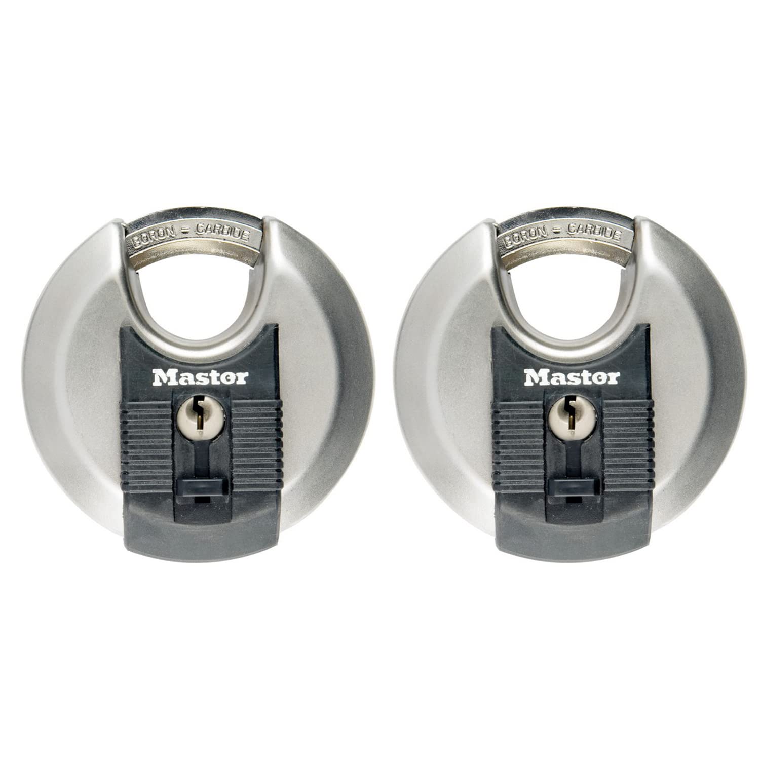 MASTER LOCK Pack of 2 High Security Disc Padlocks, Security Level 8/10, Outdoor, Keyed, Stainless Steel, Weatherproof, Shrouded Shackle