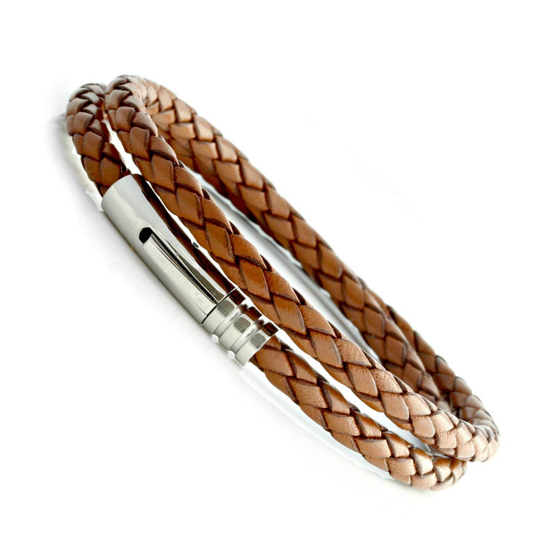 CMJ London Mens Leather & Stainless Steel Wrap Bracelet-Real 5mm Braided Light Brown Leather Cord Double Wrapped Man Bracelet
