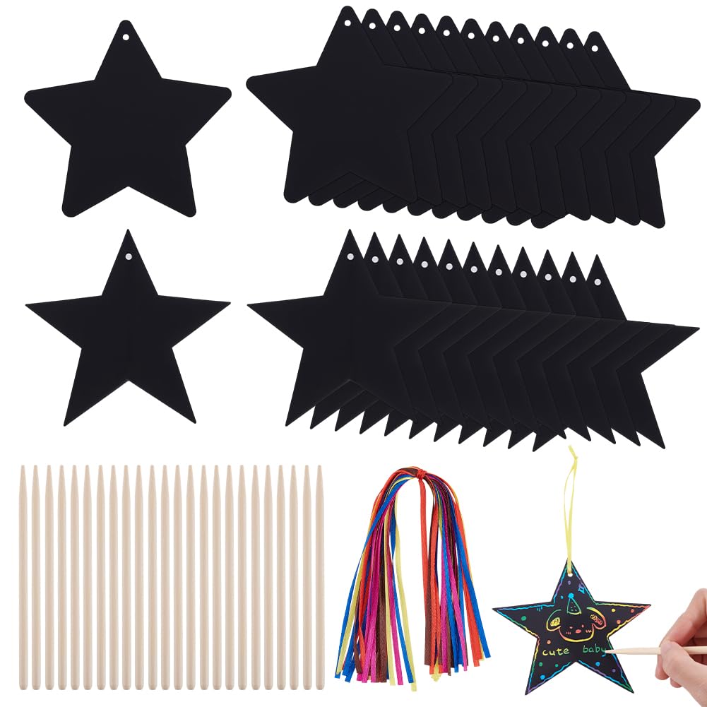 AHANDMAKER 96 Sets Star Rainbow Scratch Art Kit, Black Star Shaped Scratch Off Paper with Bamboo Tools and Hanging Ribbons Art Craft Supplies for Home Decoration School Party Favors Gift Making