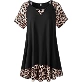 LARACE Plus Size Tops for Womens Summer Short Sleeve Tunic Shirts Crew Neck Leopard Color Block Tee