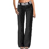Flamingals Wide Leg Bootcut Cargo Pants for Women Casual Mid Waist Flap Pocket Seam Front Work Dress Pants Without Belt