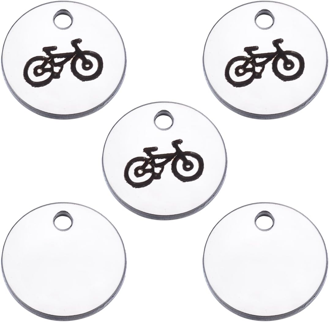 5 Pcs Silver Tone Stainless Steel Bicycle Round Charm Pendant Handmade Stamping Tags 10mm