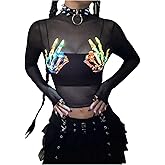 GORGLITTER Women's Y2k Graphic Sheer Mesh Crop Top Reflective Long Sleeve See Through Goth Rave Going Out T-Shirt