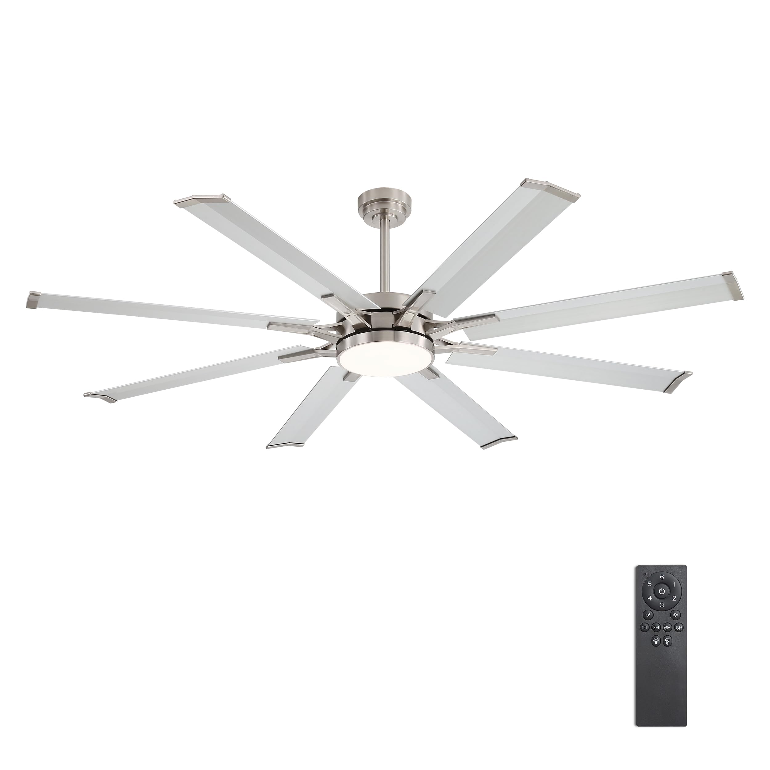 Photo 1 of WINGBO 72" Large Ceiling Fans with Lights, Industrial Ceiling Fan with Remote 8 Aluminum Blades, 6-Speed Powerful DC Motor Reversible, High Volume, Home/Commercial/Outdoor, Nickel and Silver