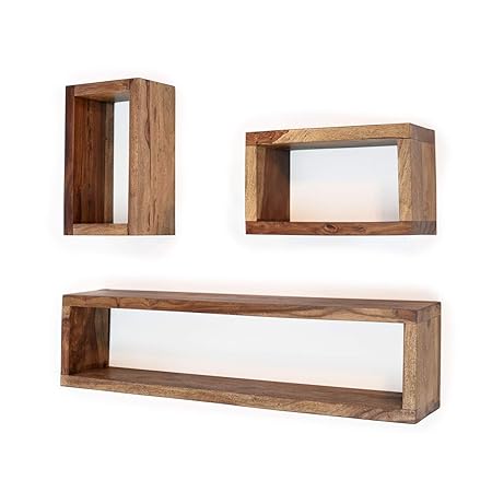 MÖBEL IDEAL Wandregal 3er Set JUP aus Sheesham Massivholz im Landhausstil