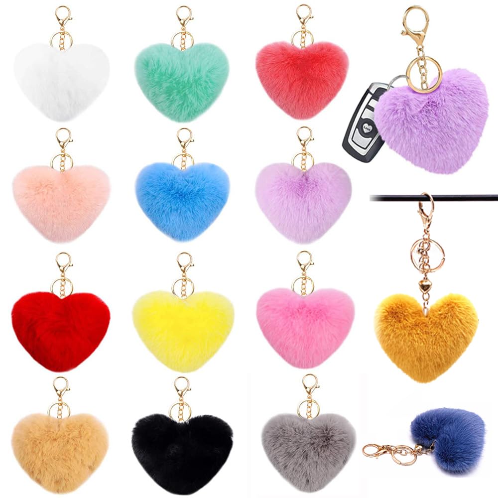 Photo 1 of 12 Pcs Colored Heart Pom Pom Keychain, BetterJonny 2.4inch Multicolor Heart Shape Fluffy Ball Faux Fur Keyring Pom Pom Puff Ball with Keychain for DIY Keychain Women Pendant Accessories