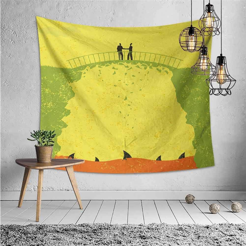 jecycleus Grunge Wall Tapestry for Bedroom Two Men Shaking Hands and Sharks Under The Bridge Business Murky Illustration Living Room Wall Decor for Bedroom W55 x L55 Inch Yellow Green
