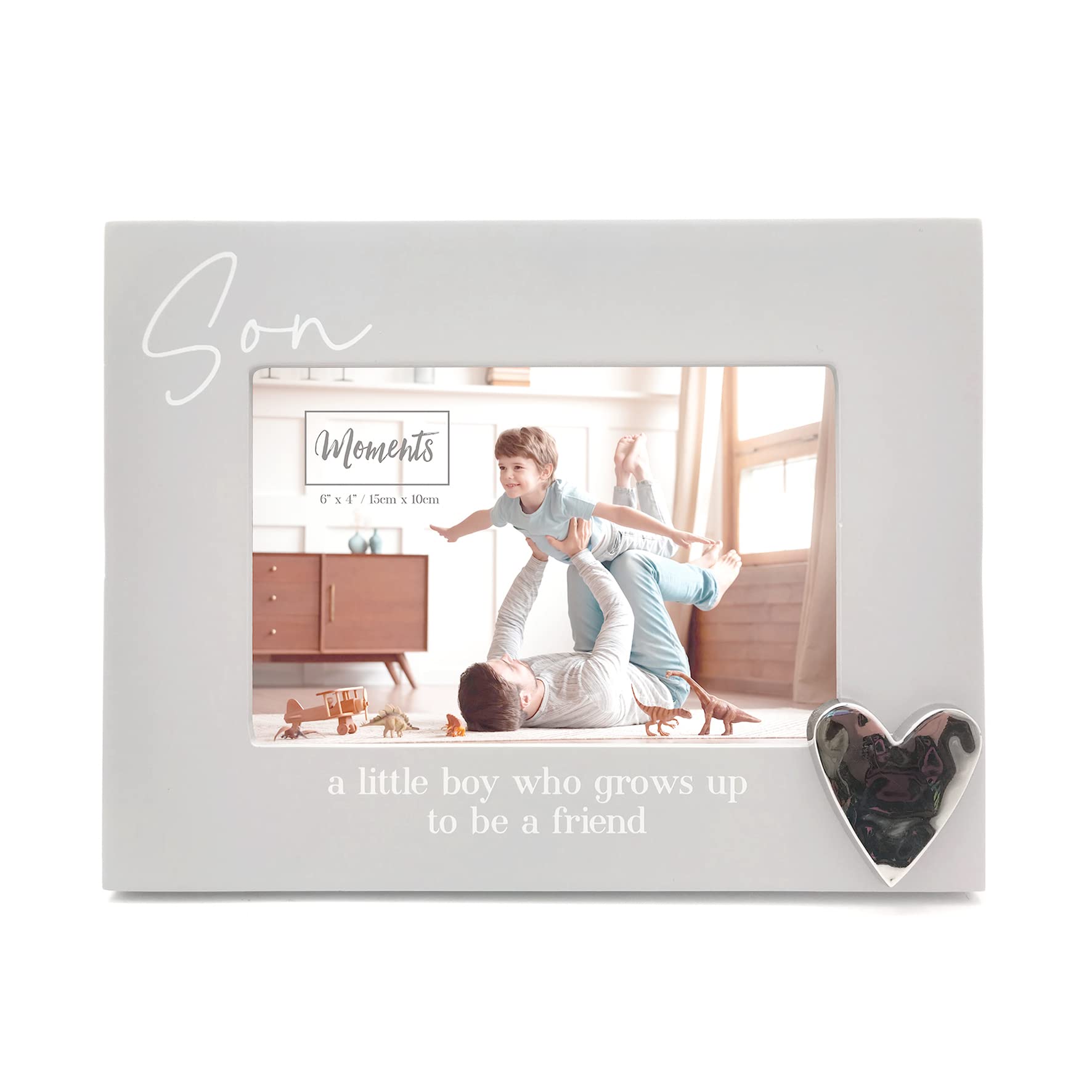 Moments Wooden Grey Photo Frame With Silver Heart 6" x 4" - 'Son a little boy who grows up to be a friend'