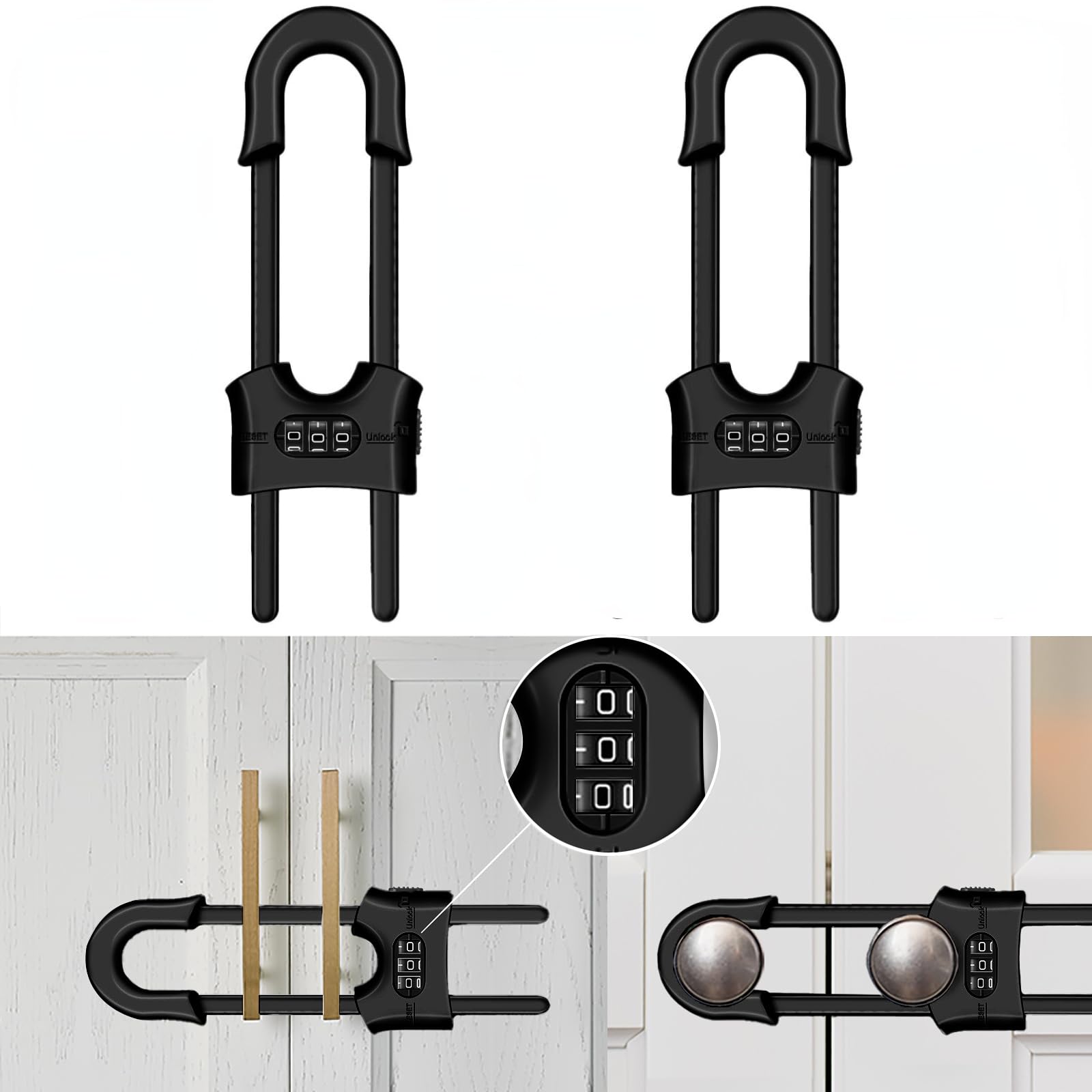 2 Pack Child Safety Sliding Cabinet Locks, Adjustable U-Shaped Child Proof Sliding Cabinet Door Code Locks 3 Digit Password, Reusable Baby Safety Cupboard Locks for Knob Handle Drawers Closet(Black)