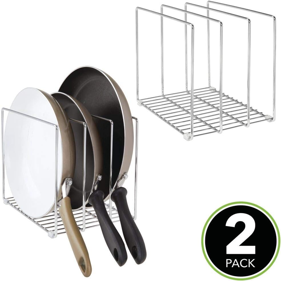 mDesign Metal Wire Organizer Rack for Kitchen Cabinet, Pantry, Shelves - Organizer Holder, 3 Slots for Skillets, Frying Pans, Lids, Cutting Boards, Vertical or Horizontal Placement, 2 Pack - Chrome: Kitchen & Dining