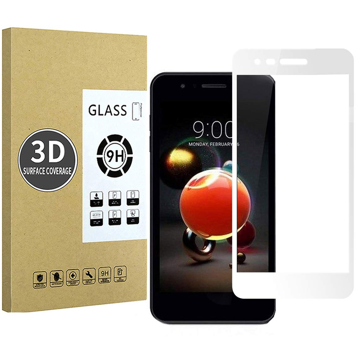 E-Hamii 3D Protective Film Replacement for LG K8 2018 (White), Complete Cover Premium Toughened Glass Screen Protector HD Full Screen Protector