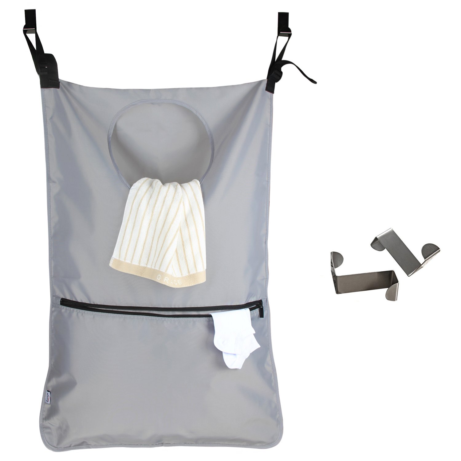 Luxja Adjustable Hanging Laundry Bag, Laundry Hamper with 2 Stainless Steel Hooks, Laundry Hamper Bag, Grey