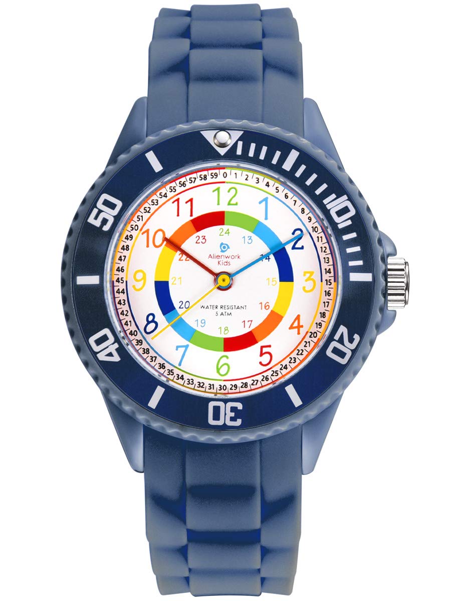 Alienwork Kids Children's Teacher Watch Boys Girls Navy Blue Silicone Strap Multi-Coloured Children's Kid Waterproof 5 ATM Learning Time