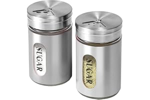 STJKBDFC Sugar Shaker Duster Stainless Steel and Glass Set with Adjustable Pour Holes Cinnamon Shaker For Coffee Bar,set of 2 (silvery)