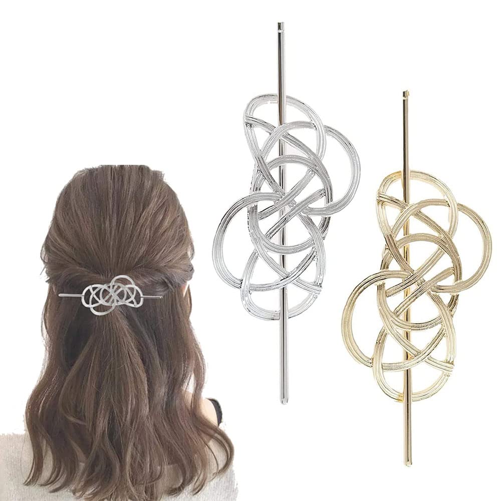 Wwmstlkx 2 Pcs Hollow Hairpin, Hair Stick Barrette, Viking Hair Clips, Vintage Style Hairpin, Norse Celtic Women's Hair Accessories, for Wedding, Party, Work, Engagement (Gold, Silver)