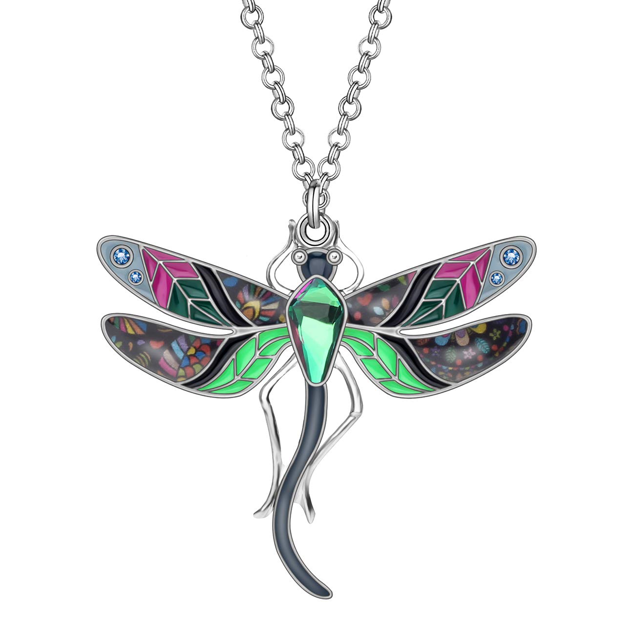 BONSNY Statement Enamel Rhinestone Dragonfly Necklaces Pendant Original Design for Women Nature Lover Jewelry (Black)