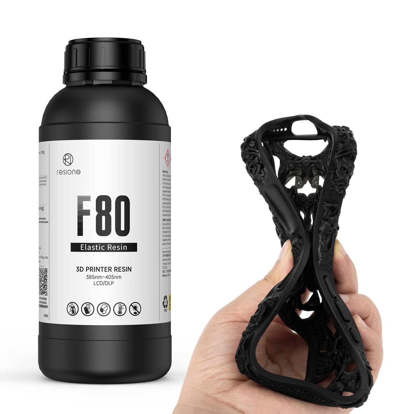 RESIONE 3D Printer Resin Rubber, F80 Elastic Resin with High Elongation at Break High Resilience, 405nm UV Elastomer Resin for LCD DLP MSLA 3D Printing (Black, 1000g)