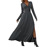 Sexyshine Women's Long Sleeve Lace V Neck Maxi Dress Bodycon Empire Wrap High Waist A Line Pleated Party Dresses with Slit