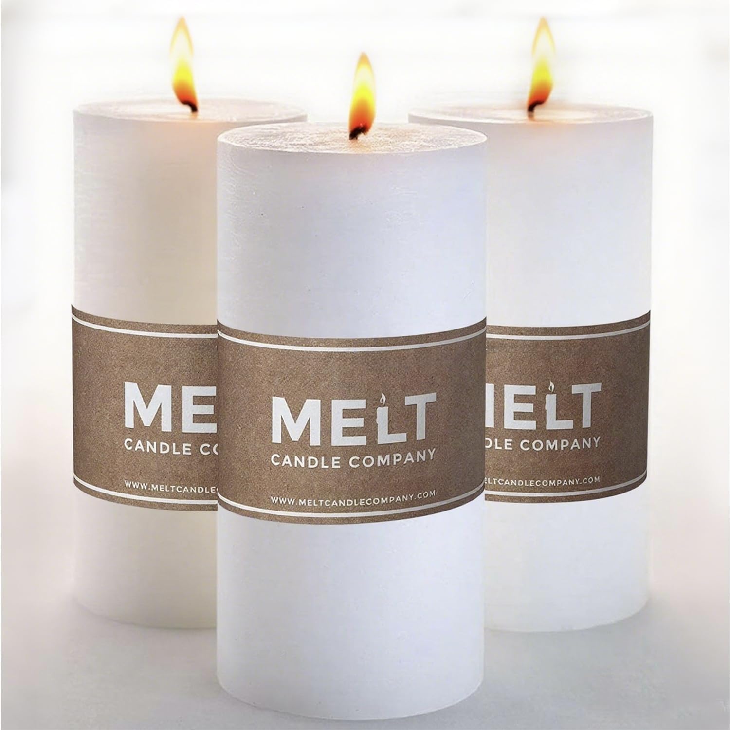 Melt Candle Company 7,5 x 15 cm White Pillar Candles Set of 3 Unscented for Wedding Church Restaurants Spa Smokeless Cotton Wick