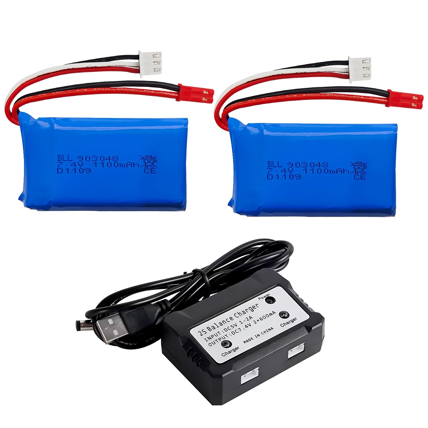 ZYGY 2PCS 7.4V 1100mah Lithium Battery with 2 in1 Charger for WLtoys A949 A959 A969 A979 A320 A321 S989 V912 T23 T55 F45 RC Car Battery