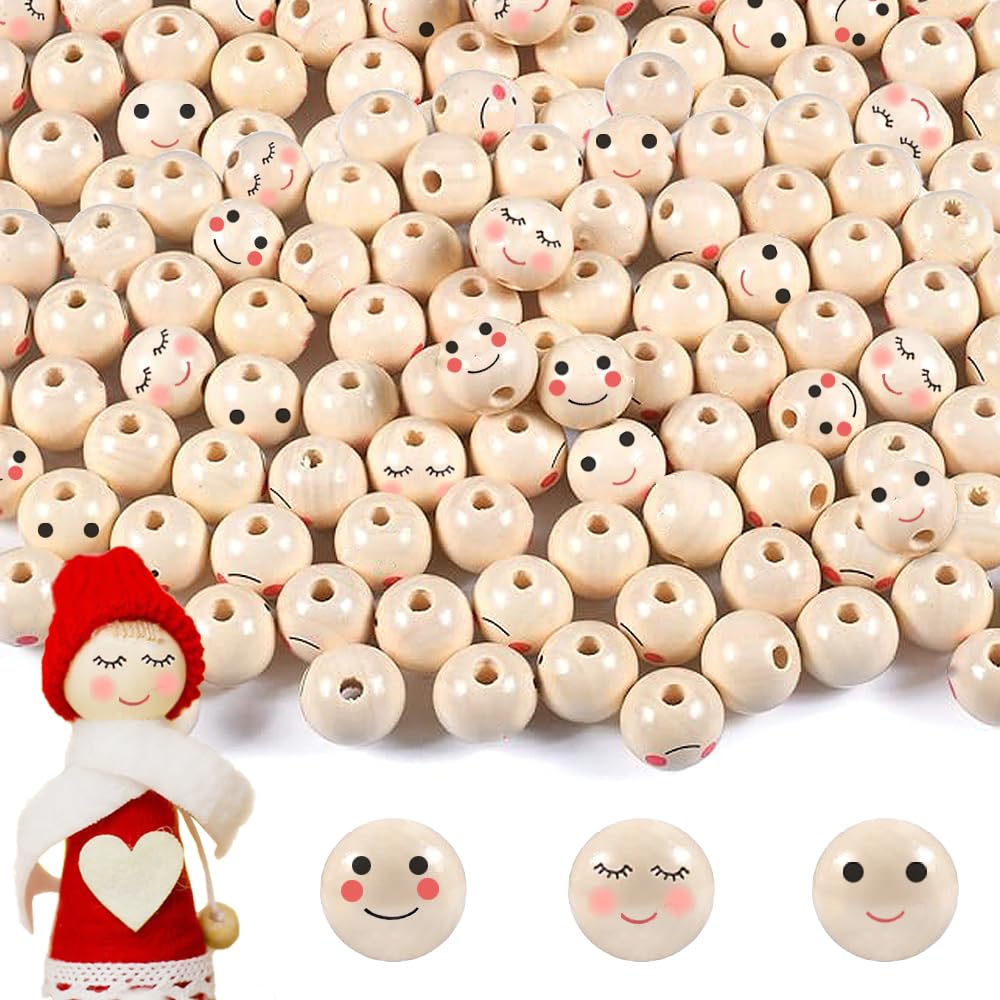 Winddle Pack of 60 Wooden Face Beads - 20 mm, 3 Styles Smile Face, Natural Wood, Round with Hole for DIY Crafts & Decorations