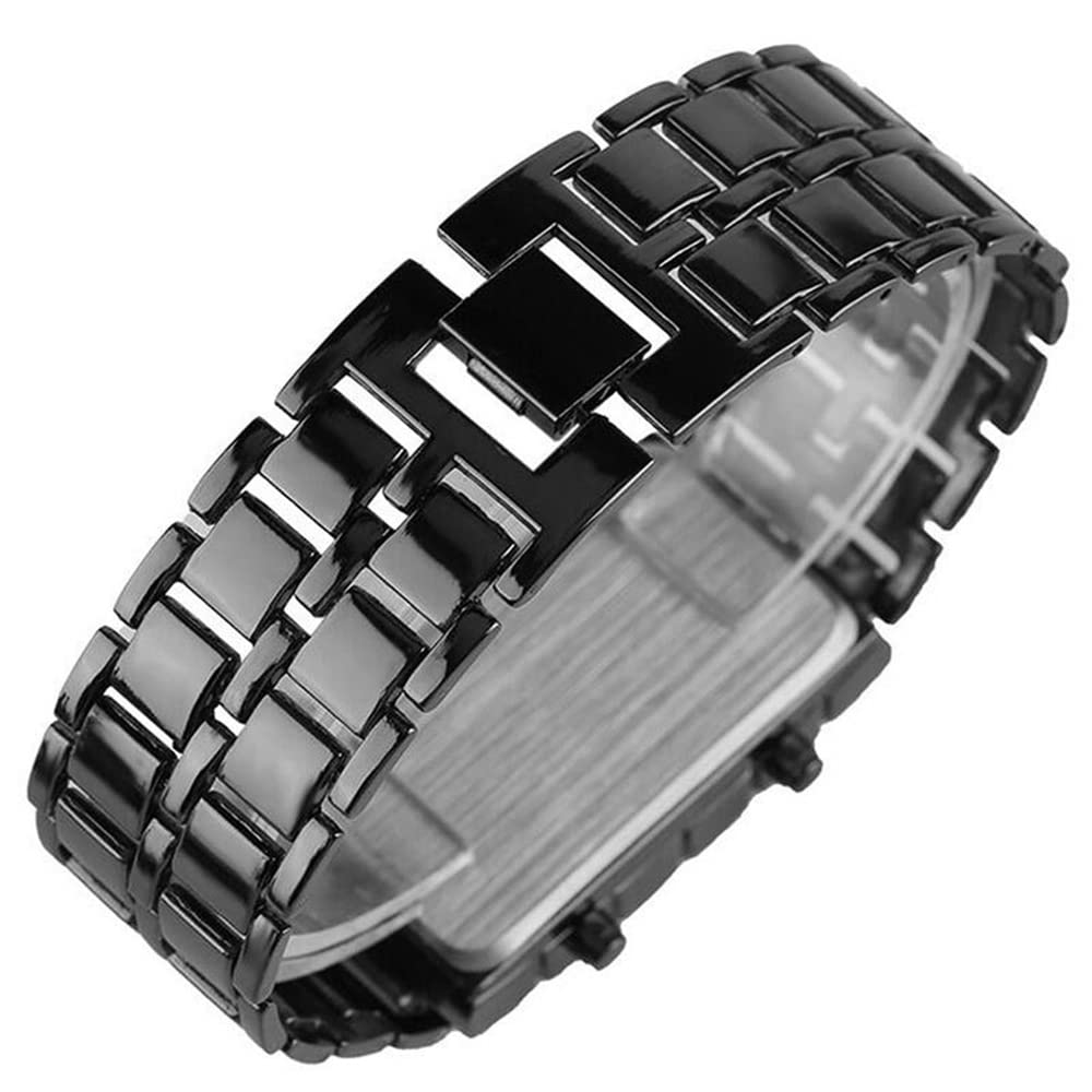 Classic Mens Binary Square LED Digital Watch Black Plated Wrist Watches (Black/red)