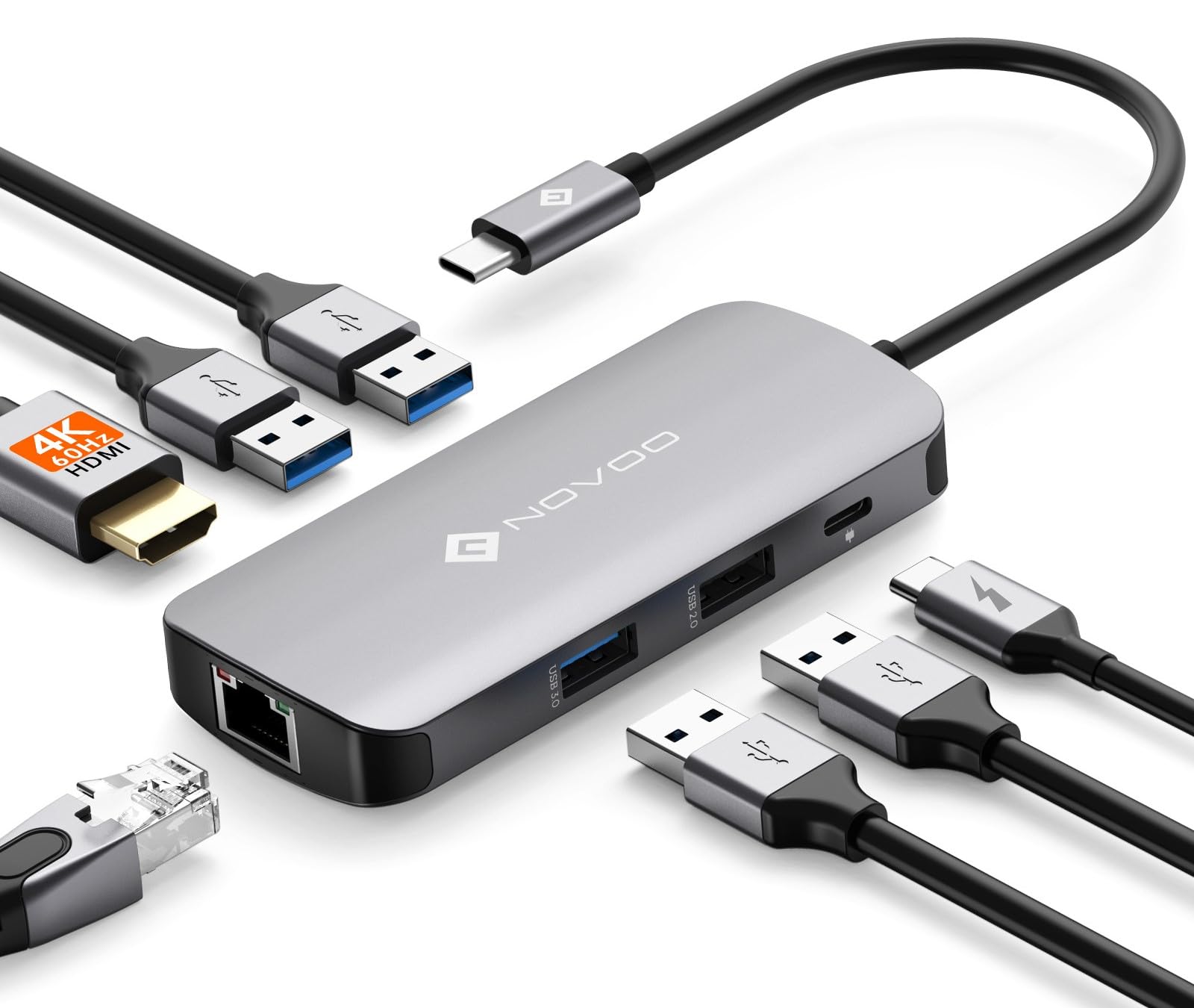 Photo 1 of NOVOO USB C Hub Ethernet 4K@60 USB C HDMI Adapter Multiport Type C Adapter 4 USB 3.0 & USB2.0 Dongle 100W PD Dock Docking Station for MacBook Pro Air Apple iPad Pro Steam Deck Dell HP Lenovo 7-in-1